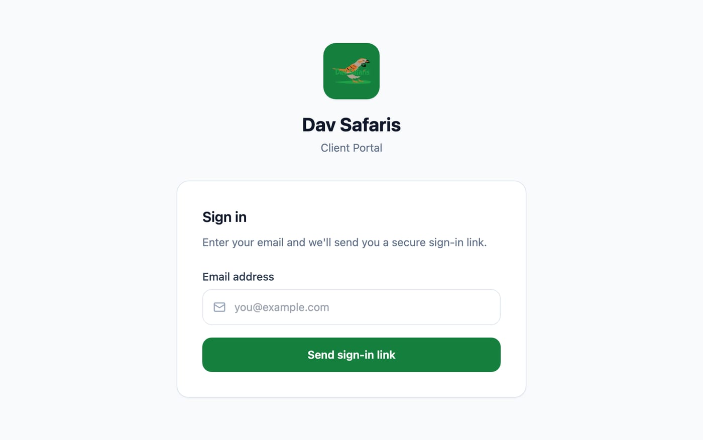 The Dav Safaris client portal sign-in, which sends a secure email link instead of asking for a password.
